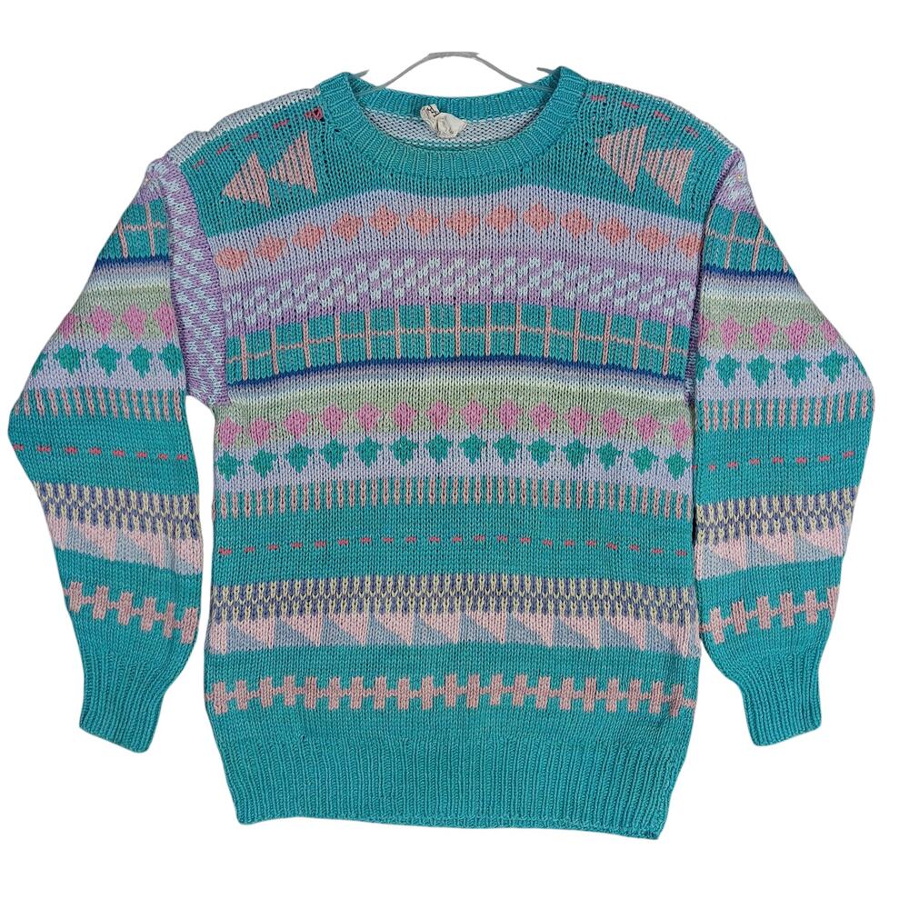 Vintage Andina Pullover Sweater Size Large Green Aqua 100% Cotton Dry Clean Only